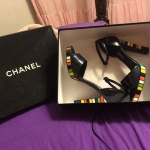 CHANEL Dark Navy open toe heels.